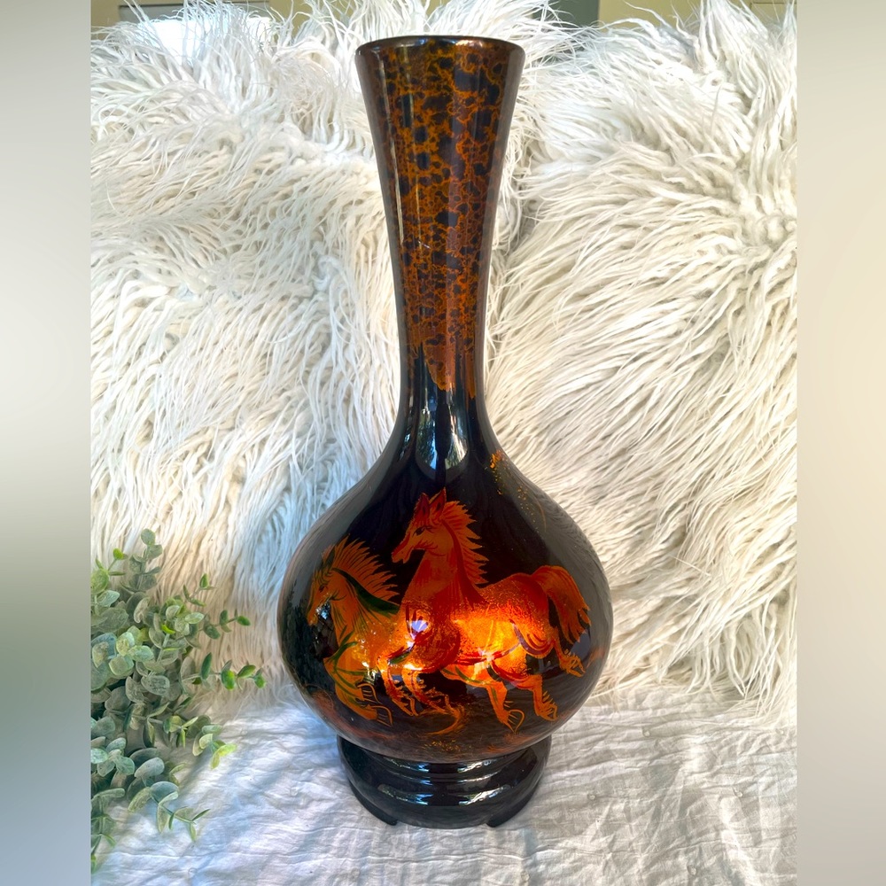 VASE- "made in Vietnam" TALL BEAUTIFUL Black Lacquer -Decorated Scene